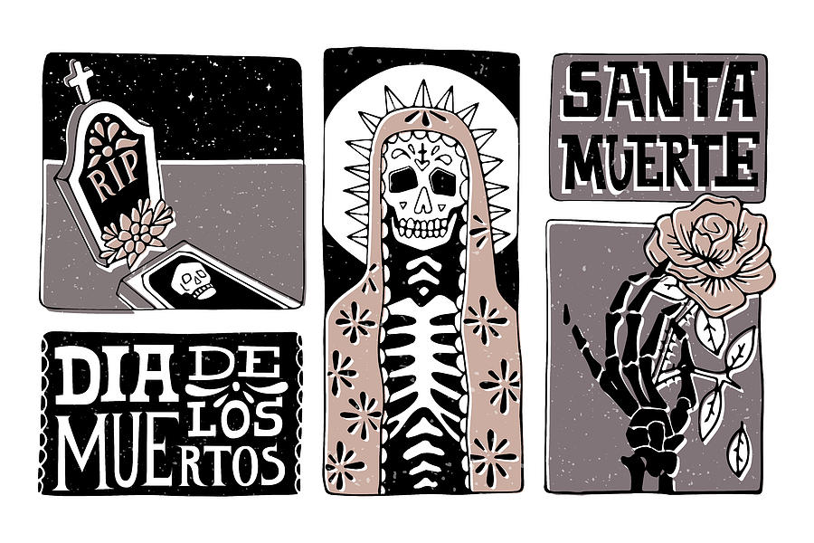Hand Drawn Comic Book Style Illustration. Santa Muerte. Dia De Los Muertos. Drawing