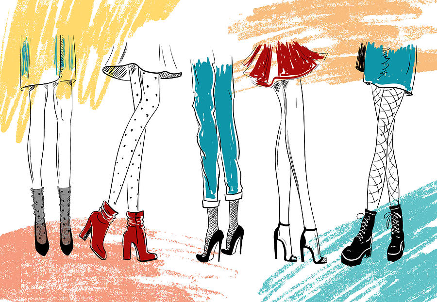 Happy Drawing - Hand Drawn Fashion Sketch Of Women Legs In Boots Sandals Shoes, Girls Sexy Legs LineArt, Minimal Art by Mounir Khalfouf
