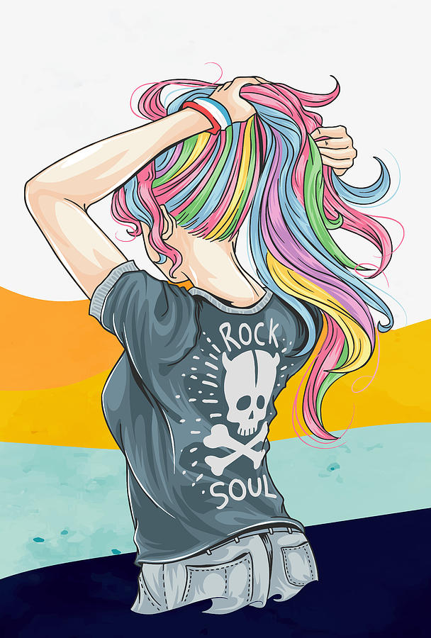 Hand drawn girl unicorn with rock and roll t-shirt style and hair in  rainbow colors Digital Art by Mounir Khalfouf - Pixels
