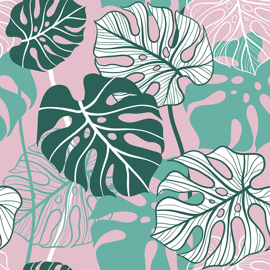 Hand Drawn Monstera Leaves On Pink Background. Hand Drawn Seamless Pattern. Drawing