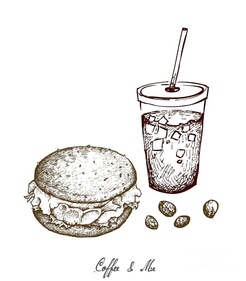Hand Drawn Of Hamberger And Iced Coffee Drawing