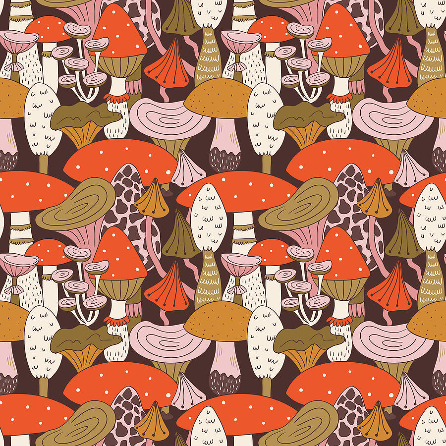 Hand drawn seamless pattern of mushroom and toadstools. Digital Art by ...