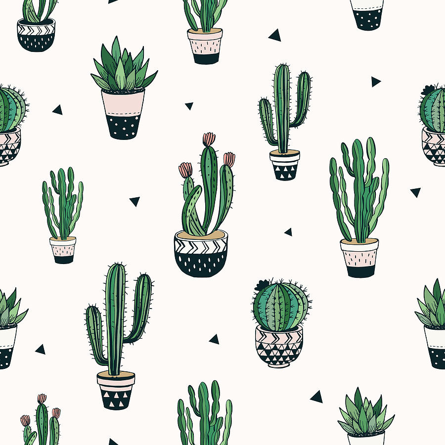 Vintage Drawing - Hand drawn seamless pattern with cacti and succulents by Julien