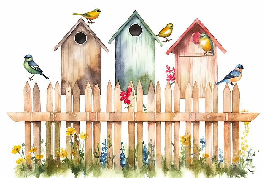 Nature Painting - Hand-drawn watercolor birdhouses on the fence. An illustration for printing design, textile, scrapbooking. Isolated on white. by N Akkash