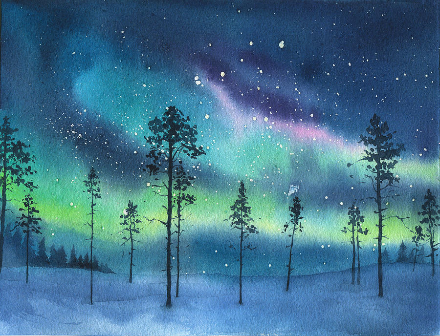 Hand Drawn Watercolor Landscape With Northern Light Drawing