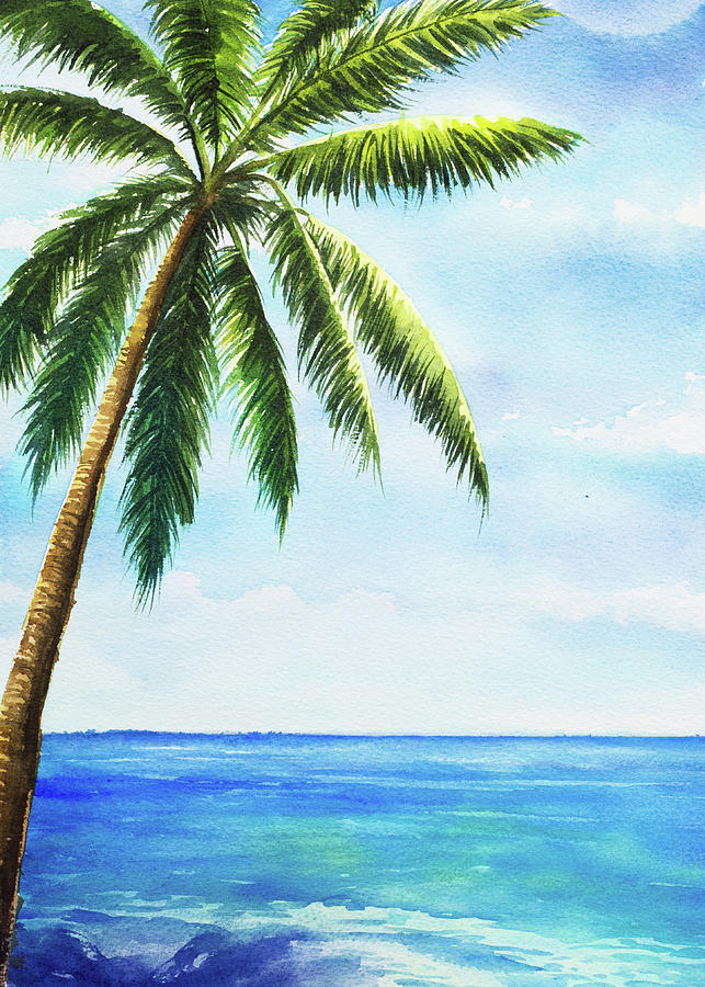 Hand-drawn Watercolor Palm Trees on The Sandy Beach in Hawaii Painting ...