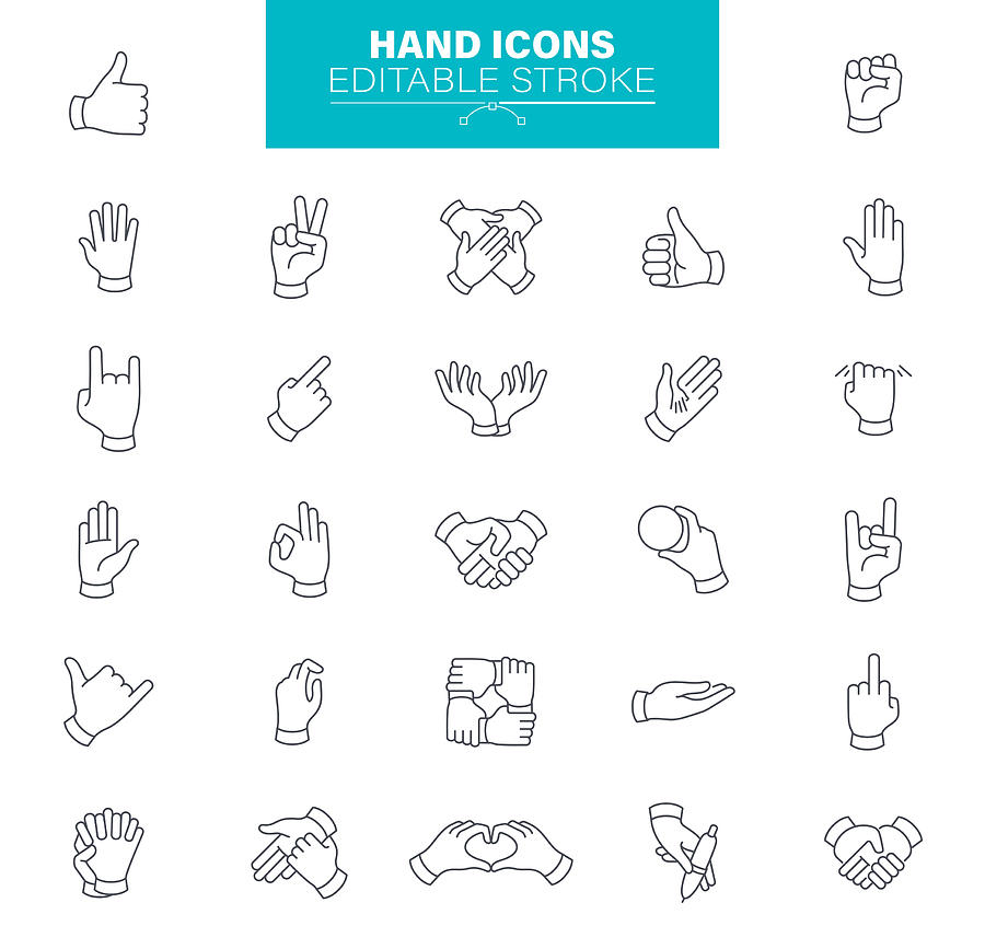 Hand Gestures Icons Editable Stroke. Contains such icons as Charity and Relief Work, Finger, Greeting, Handshake, A Helping Hand Drawing by Forest_strider