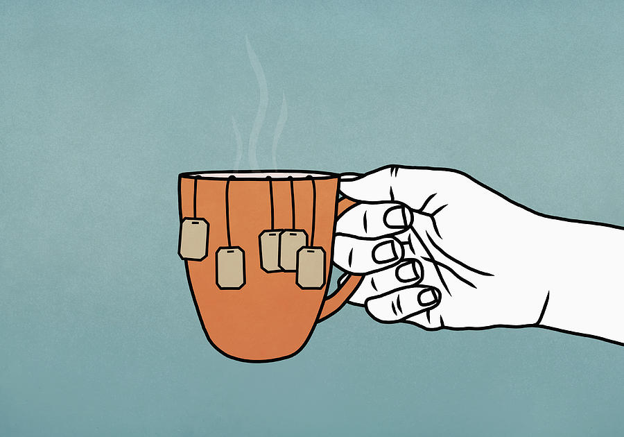 Hand holding mug with many tea bags Drawing by Malte Mueller