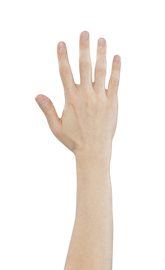Hand holding out five fingers isolated on a white background Photograph by Atiatiati