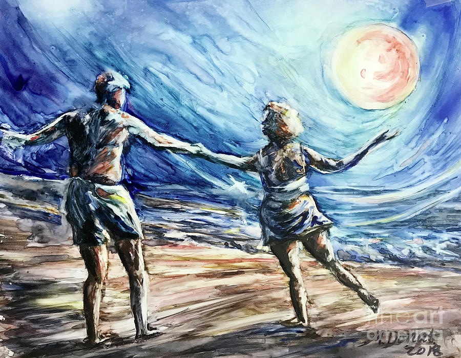 Hand in Hand, by the Edge of the Sand, Lets Dance to the Light of the Moon Painting by Margaret Donat