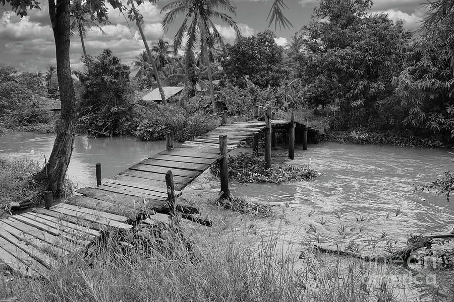 Hand Made Bridge over Siem Reap River Cambodia Black White  Photograph by Chuck Kuhn