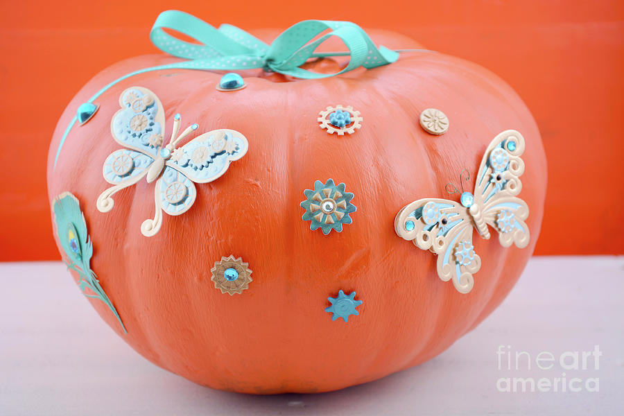 Thanksgiving Photograph - Hand painted and decorated orange pumpkin. by Milleflore Images