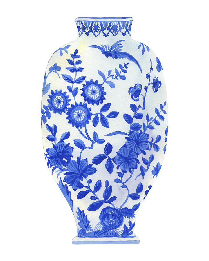 Hand Painted Chinese Dynasty Porcelain Vase Watercolor In White And Blue II Painting by Irina Sztukowski