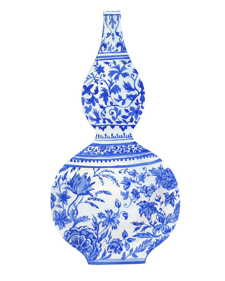 Hand Painted Chinese Dynasty Porcelain Vase Watercolor In White And Blue III Painting by Irina Sztukowski