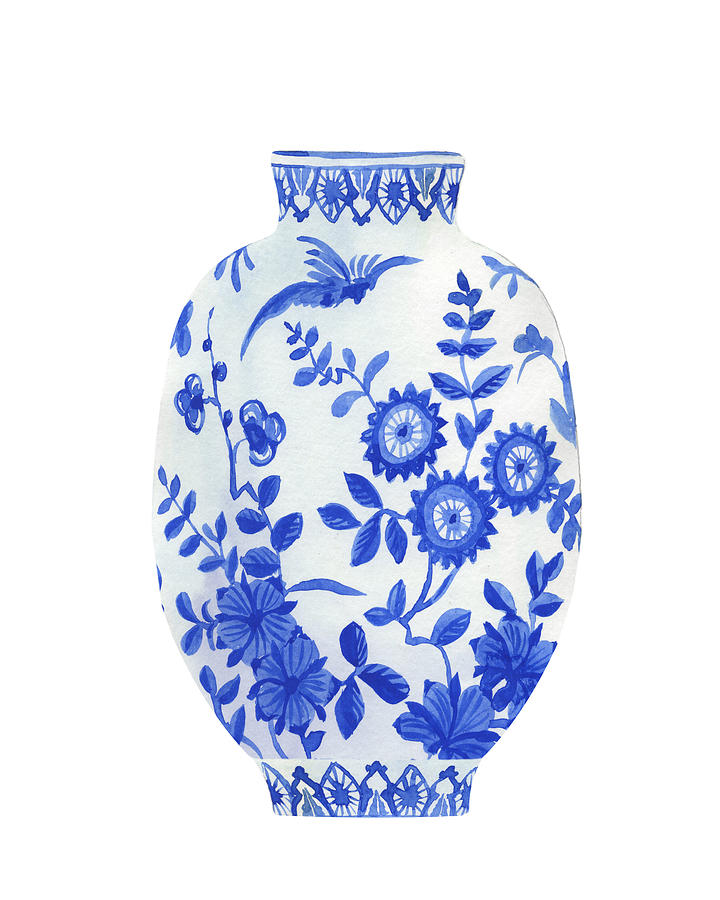 Hand Painted Chinese Dynasty Porcelain Vase Watercolor In White And Blue IX Painting by Irina Sztukowski