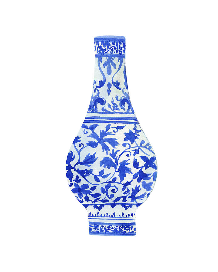 Hand Painted Chinese Dynasty Porcelain Vase Watercolor In White And Blue VIII Painting by Irina Sztukowski