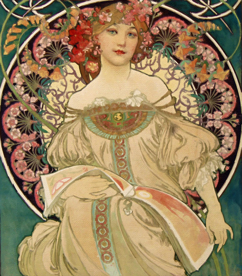 Hand painted litho reproduction Enhanced of Frau Jugendstil Kunst Art Nouveau 9 Painting by Tony Rubino