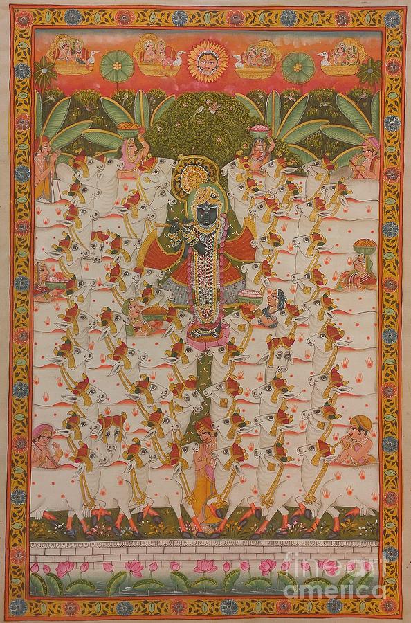 Holy Cows Painting - Hand Painted Lord Shreenath Ji Finest Pichwai Painting with Holy Cows Traditional Wall Hanging by University Of Arts