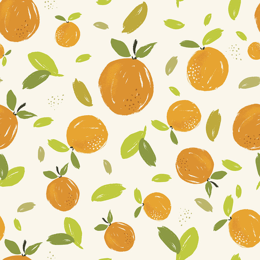 Hand painted oranges fruit seamless pattern design with citrus fruit on  cream background by Julien