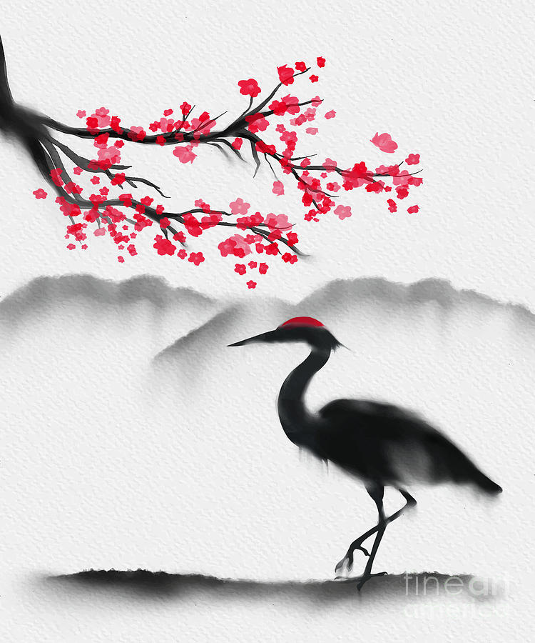 Japanese Painting Art Print, store Water Spaniel Confronting a Heron, Japanese Wall Art, Asian Decor