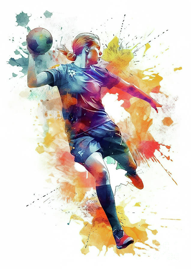 Handball in action with colorful paint splash. Digital Art by Odon Czintos