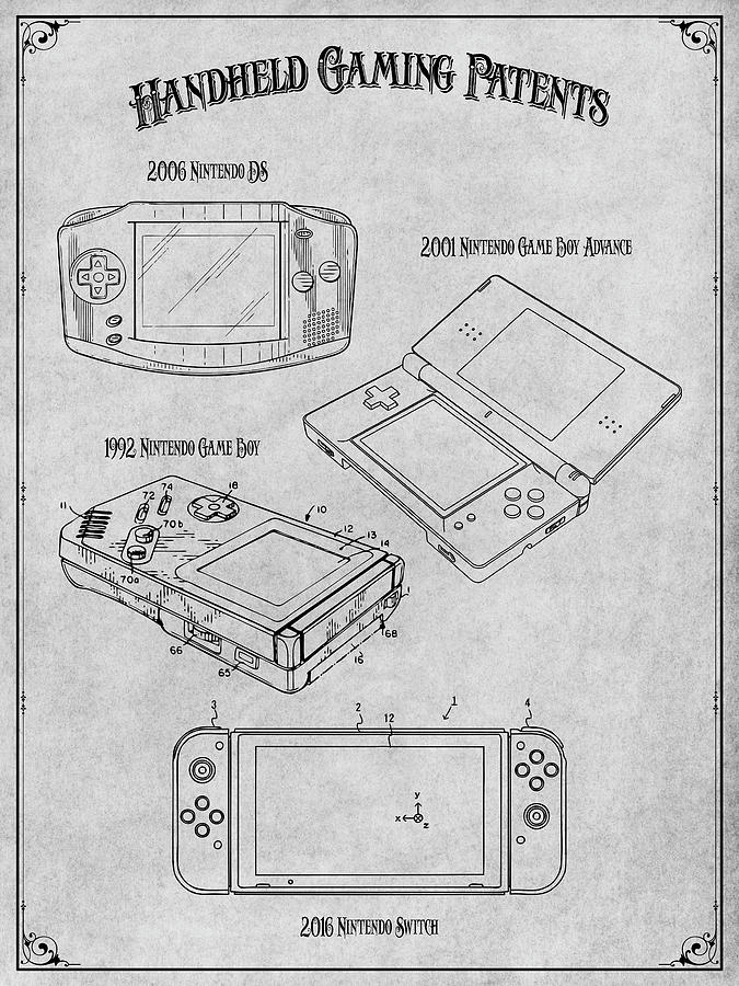 Handheld Gaming Patents Poster Gray Drawing by Greg Edwards