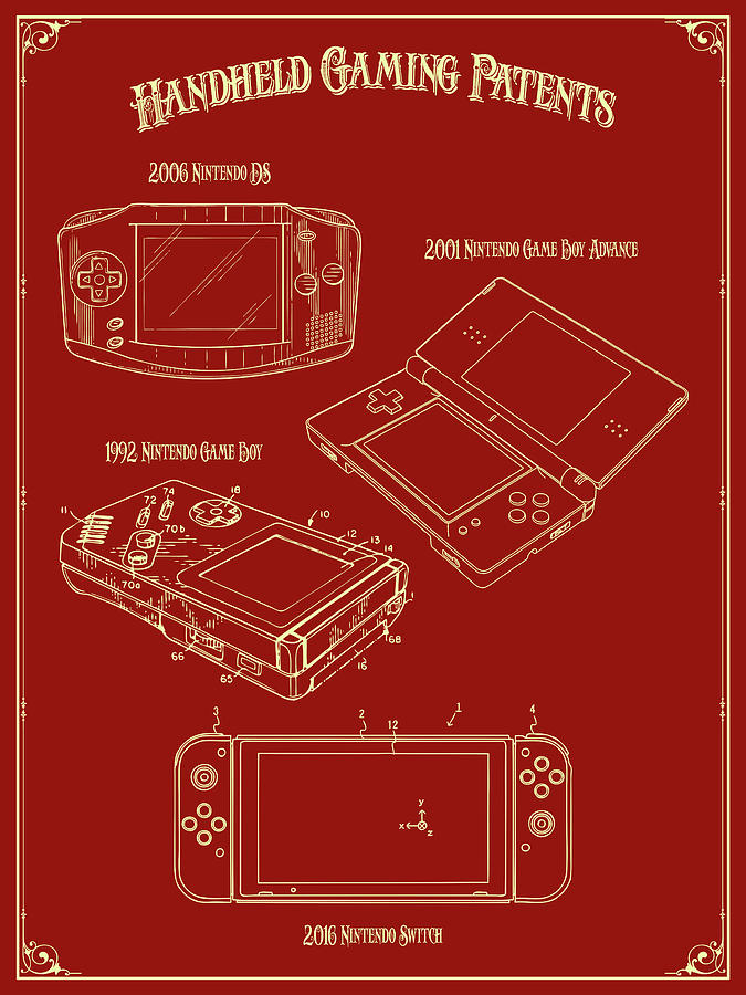 Handheld Gaming Patents Poster Red Drawing by Greg Edwards