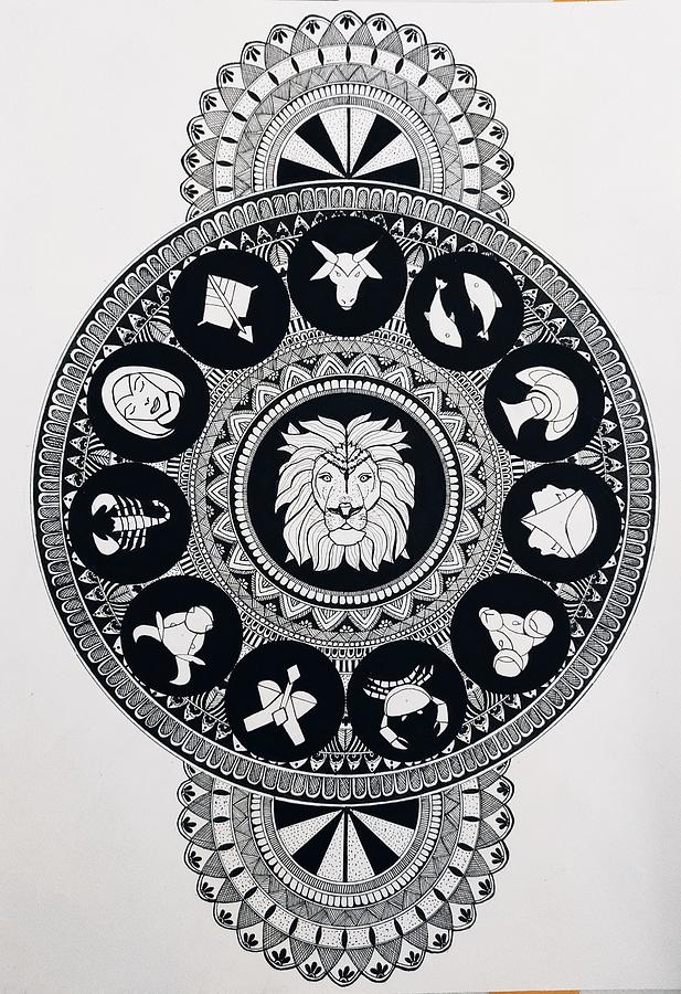 Handmade Mandala Art Work of Zodiac Signs Centred With Leo Drawing by ...