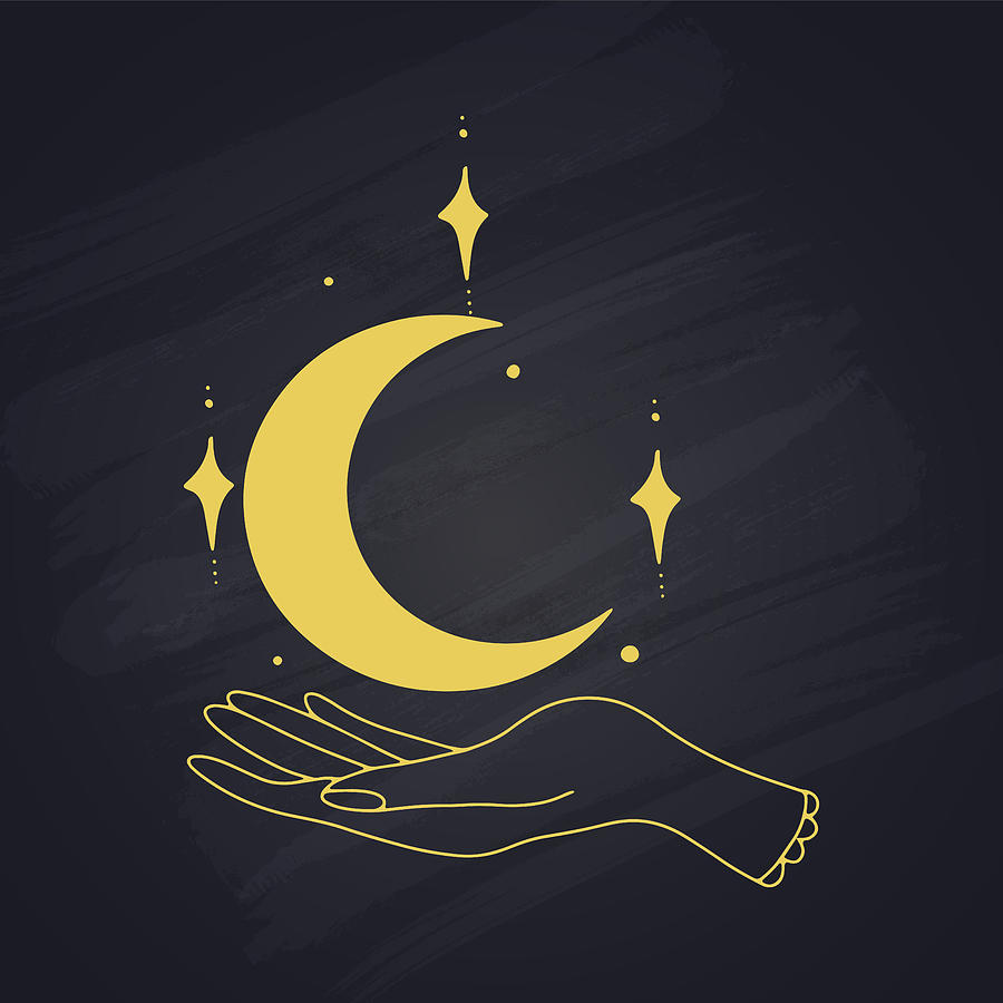 Magic Digital Art - Hands Holding Crescent Moon And Stars, Boho Ethnic Mystical Vector Illustration by Mounir Khalfouf