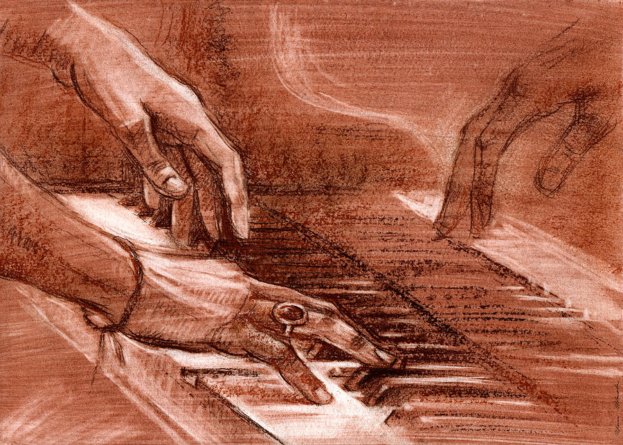 Hands of a musician playing the piano Drawing by Avika