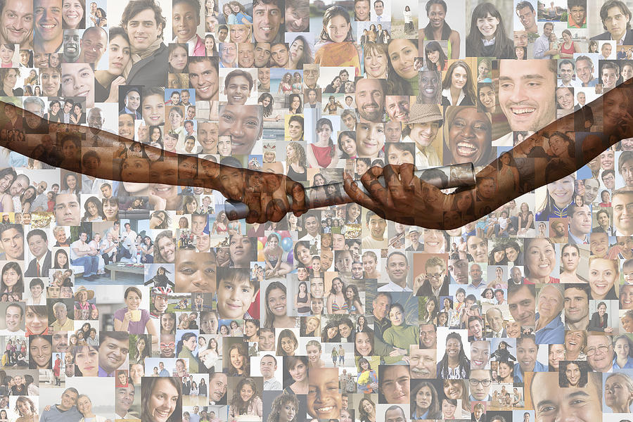 Hands passing baton over collage of smiling face Photograph by John M Lund Photography Inc