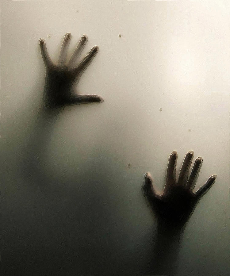 Hands Pressed Against Window Glass Frosted Painting Painting