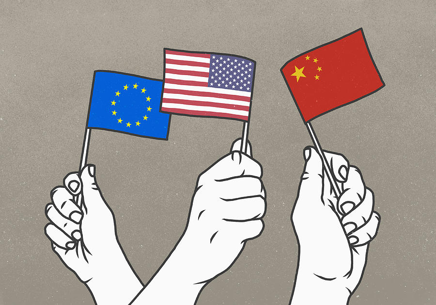 Hands waving small European Union, American and Chinese flags Drawing by Malte Mueller