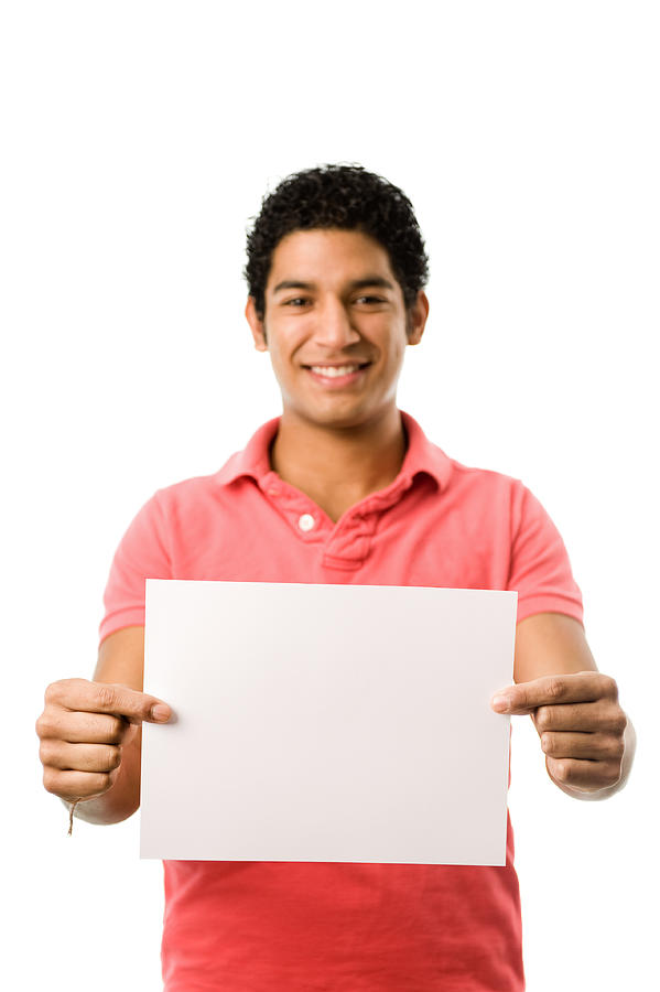 Handsome man holding a blank paper Photograph by Aldomurillo