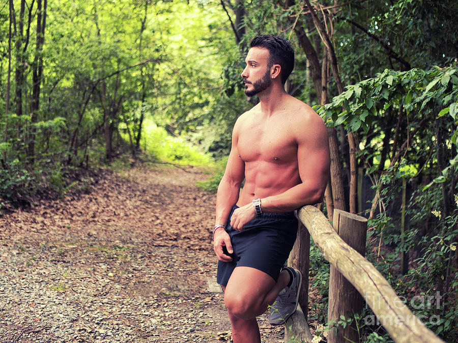 Handsome Muscular Shirtless Hunk Man Outdoor In Country Leaning Against 