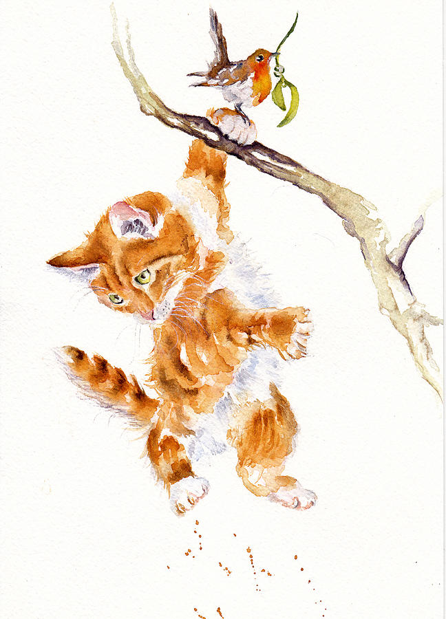 Hanging Around - naughty kitten Painting by Debra Hall