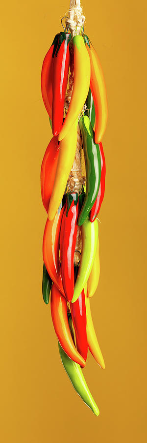 Hanging Chile Peppers on Yellow Background Photograph by SR Green