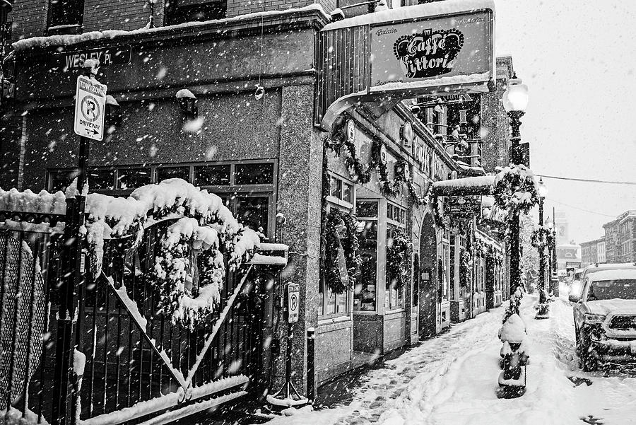 Hanover Street Christmas Snowstorm North End Boston MA Black and White Photograph by Toby McGuire