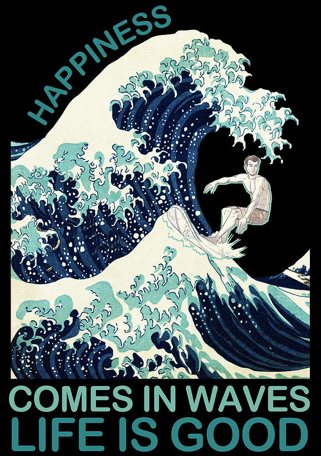 Happiness Comes In Waves Surfing Summer Vibes Vintage Great Wave Painting by Tony Rubino