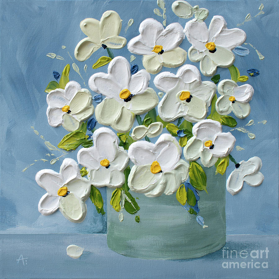 Happiness Is - Big White Impasto Flowers Painting by Annie Troe