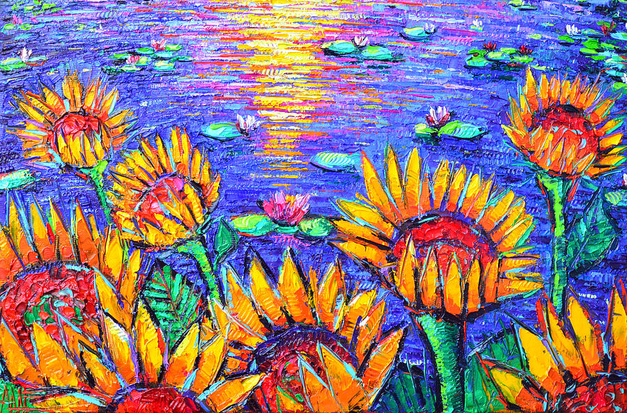 HAPPINESS SUNFLOWERS BY LOTUS POND abstract night reflections knife oil painting Ana Maria Edulescu Painting by Ana Maria Edulescu