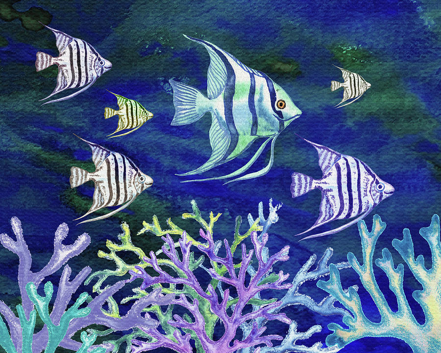 Happy Angel Fish In Ultramarine Watercolor Aquarium  Painting by Irina Sztukowski