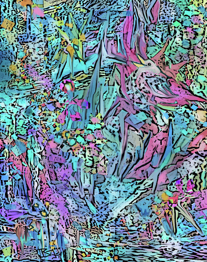 Happy Bird Above a Forest Stream Digital Art by Jean Batzell Fitzgerald
