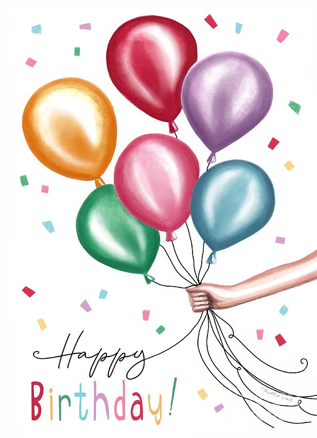 Happy Birthday Ballons and Confetti Painting by Elizabeth Robinette Tyndall
