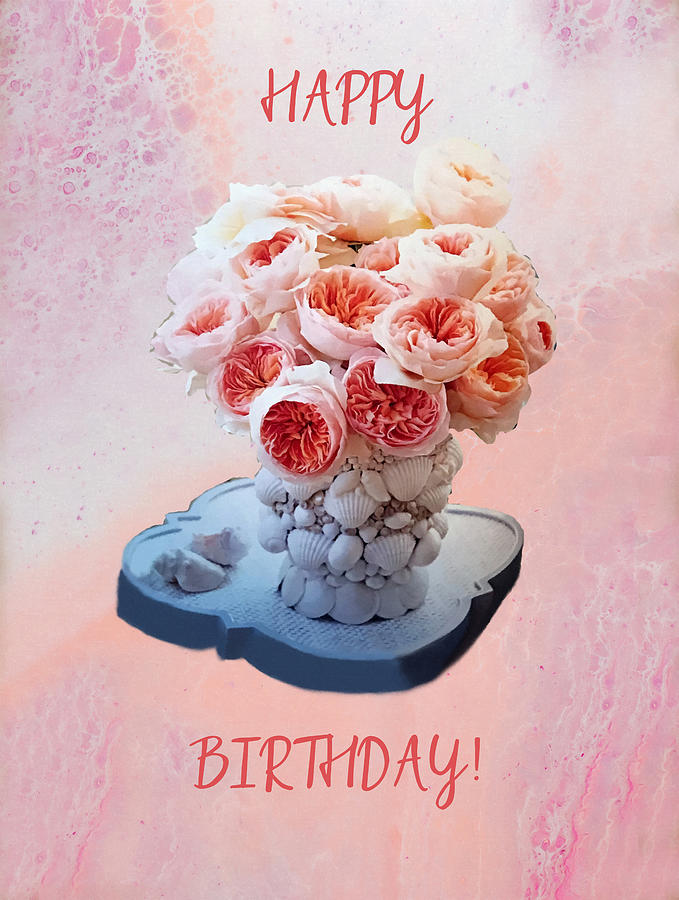 Happy Birthday Fancy Peonies In Shell Vase Mixed Media by Sandi OReilly
