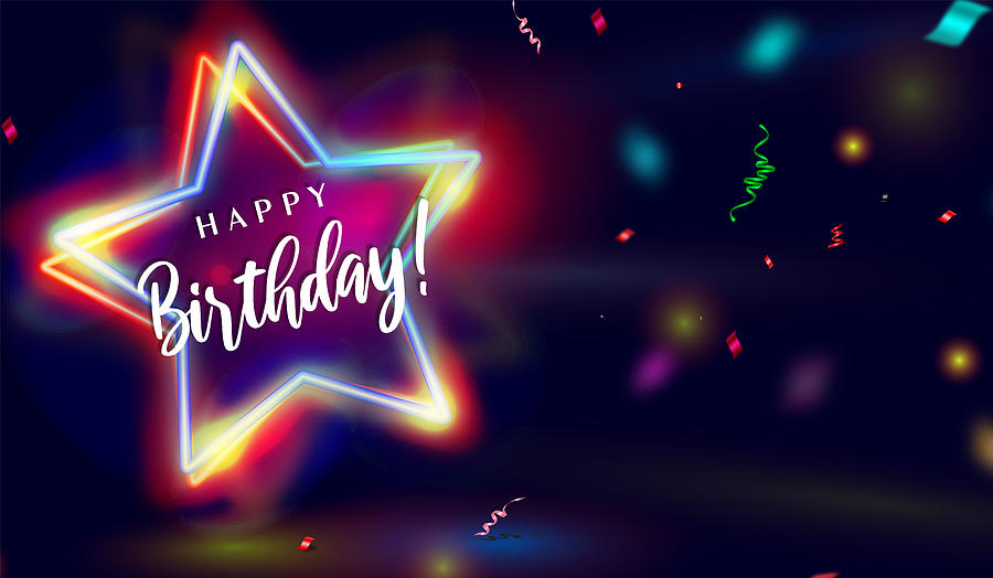 Happy Birthday Neon Star effect Background with confetti. Drawing by Vectorig