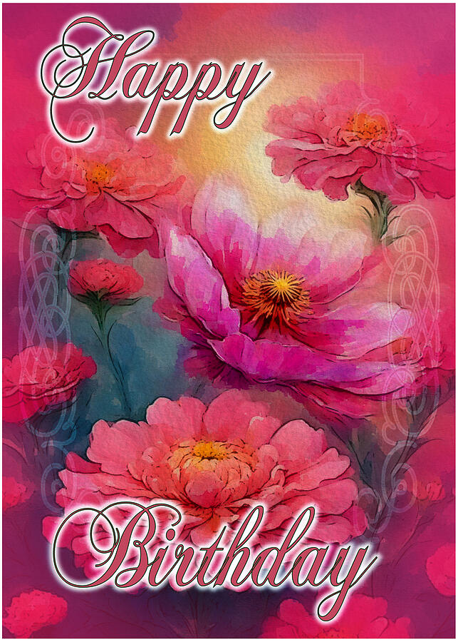 Happy Birthday October with Pink Marigold and Cosmos Flowers Digital Art by Delynn Addams