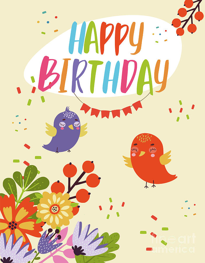 Happy birthday with birds and flowers Digital Art by Arkitekta Art ...