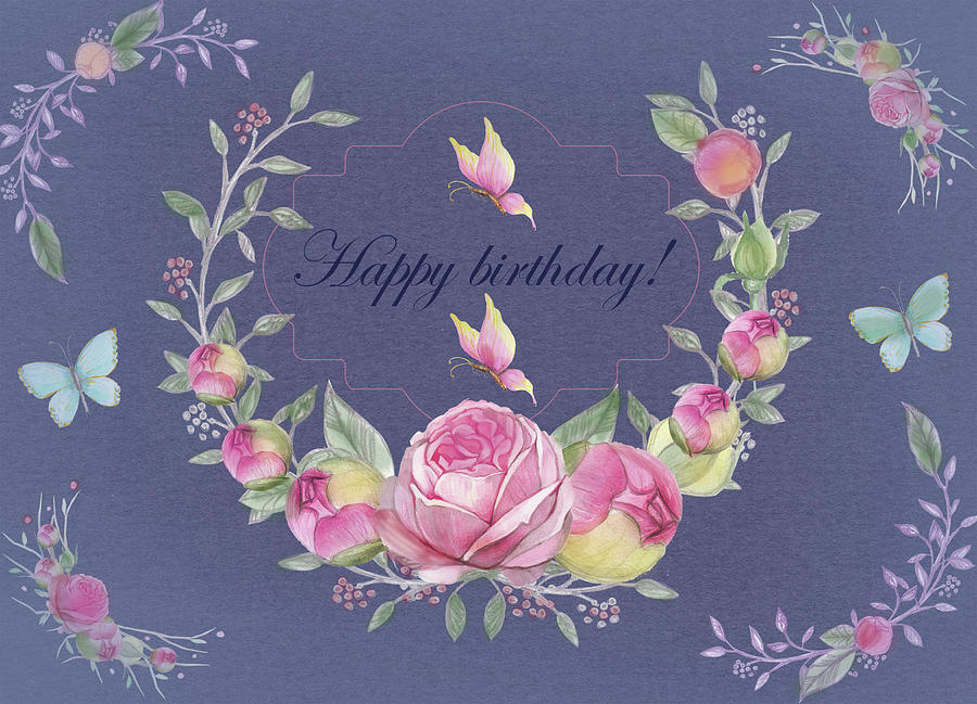 Happy Birthday With Butterflies And Roses Digital Art by Johanna Hurmerinta