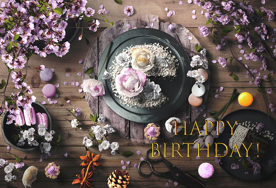 Happy Birthday With Cake Flowers And Macarons Photograph by Johanna Hurmerinta